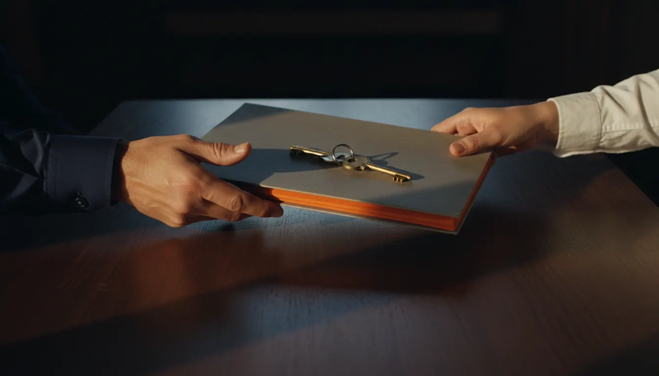 Una carpeta con lomo naranja y dos llaves pasa de unas manos a otras sobre una mesa